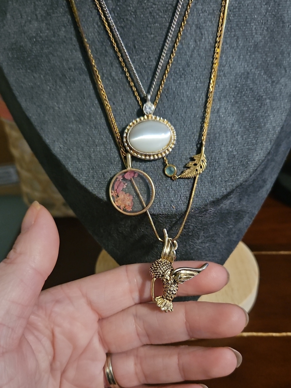 Gold-Tone Layered Hummingbird Pendant Necklace with White Cabochon - 4 Piece
